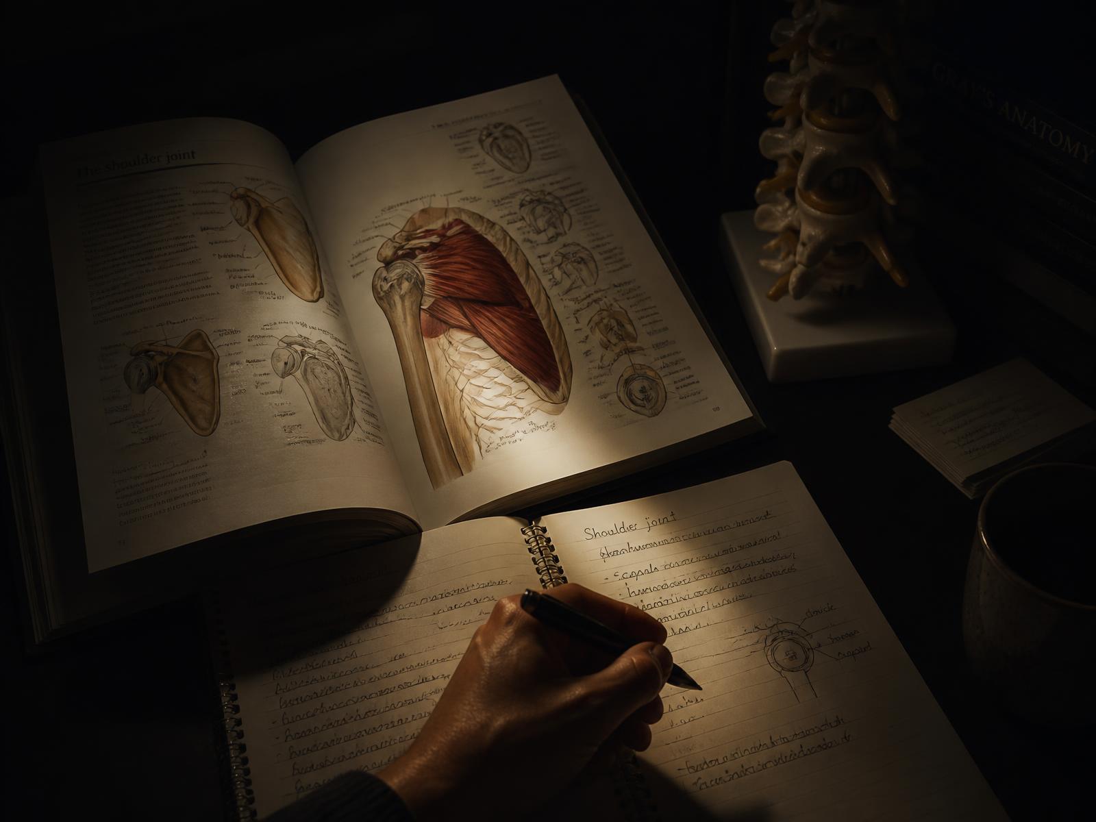 Atlas de anatomia aberto sobre a mesa, iluminado lateralmente, com anotações de estudo e modelo de coluna vertebral